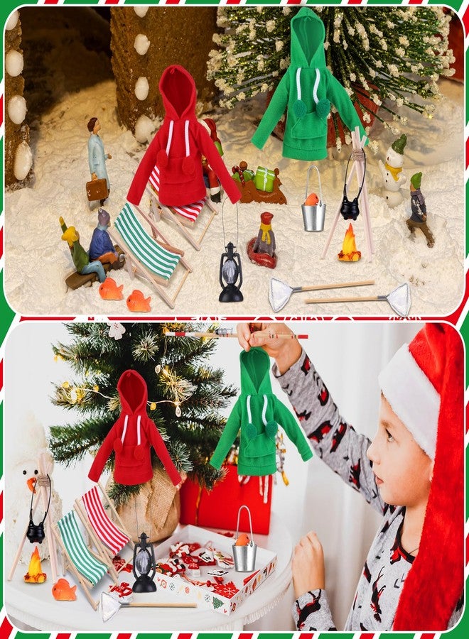 Cozypower 19 Pcs Christmas Elf Fishing Accessories Set Include Clothes Miniature Fishing Accessories Fish Net Mini Lamp Hanging Ring Pot Triangular Simulated Bonfire for Xmas House - Image 4